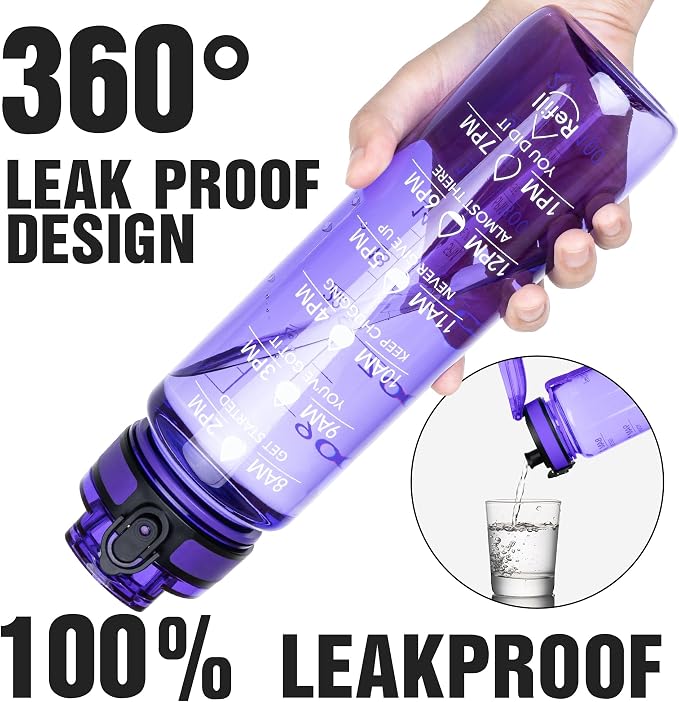 OLDLEY Water Bottle, 32oz Motivational Sports Water Bottle with Time Marker - Times to Drink - Tritan, BPA Free, Wide Mouth Leakproof,Deep Purple