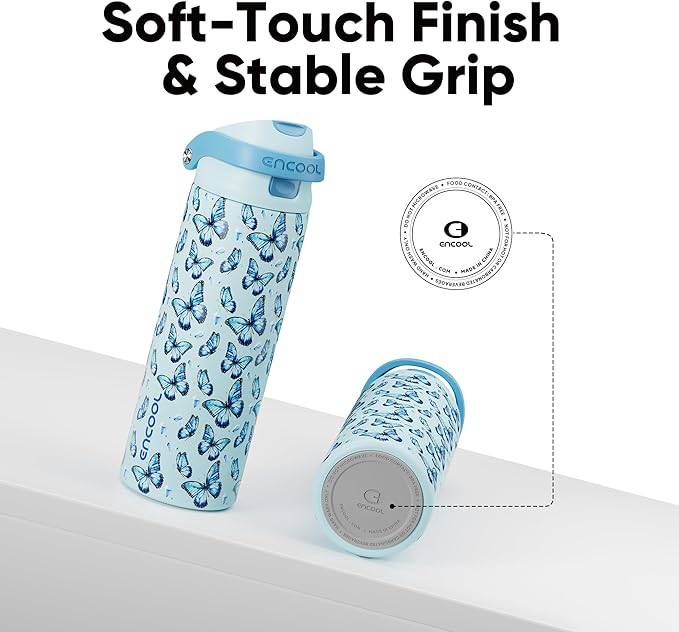 ENCOOL Leakproof Insulated Water Bottle with Straw Dual-Sip Water Bottle Bag-Safe Design for Work, Commute & Gym – Keeps Drinks Cold All Day, 32 oz, Glacier Butterfly