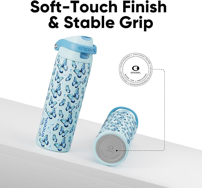 ENCOOL Leakproof Insulated Stainless steel Water Bottle with Straw Dual-Sip Water Bottle Bag-Safe Design for Work, BPA-Free Commute & Gym – Keeps Drinks Cold All Day, 24 oz, Glacier Butterfly