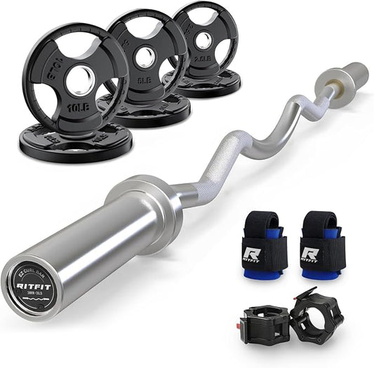 RitFit 2 Inch EZ Curl Bar Olympic Barbell with Weight Plates & Collar | 4FT EZ Curl Bar with 35LB Weight Plates, Collars for Bicep, Tricep Workout, Weightlifting, 350LBS Weight Capacity