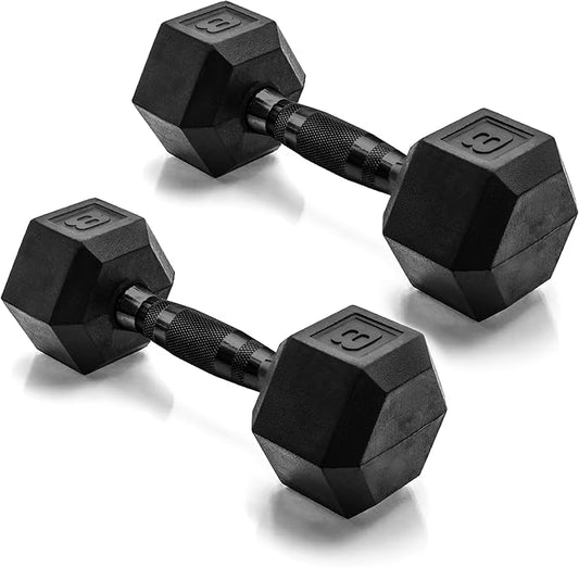 CAP Rubber Coated Dumbbell Weights, Free Weights for Home Gym Strength Training, Anti-Roll Hex Dumbbells with Black, Chrome & Comfort Grip Handles, Pairs & Sets