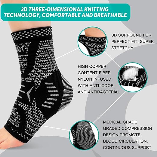 INDEEMAX Ankle Brace for Sprained Ankle Compression Sleeve, Copper Infused Ankle Support Brace for Women & Men, Plantar Fasciitis Relief Achilles Tendonitis, Sports Running, Silver Black, L