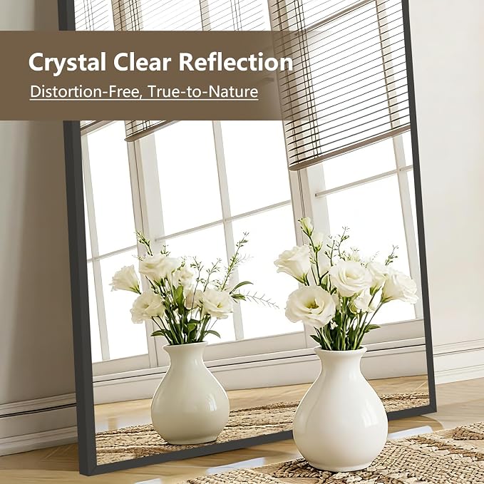 Mirrorons 56"x18" Black Full Length Mirror, Floor Standing or Wall Mounted with Hanging Kit, Shatterproof Tempered Glass Mirror for Living Room, Bedroom, Dressing Room, Gym