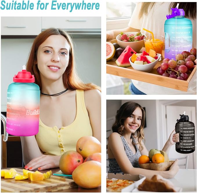 QuiFit 1 Gallon Water Bottle - with Straw & Motivational Time Marker Leak-Proof BPA Free Reusable Gym Sports Outdoor Large(128OZ/73OZ) Capacity Water Jug