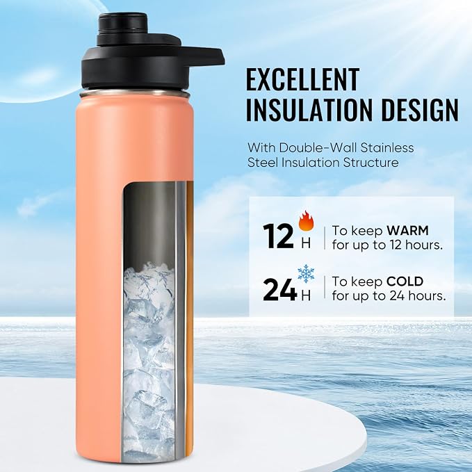 Fijinhom Insulated Water Bottle with Handle, 304 Stainless Steel Water Bottles with Wide Mouth, Double Wall Vacuum Sports Water Bottle, BPA Free, Keep Cold and Hot, 24 Ounces, Coral