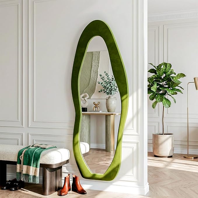 Full Length Mirror, 63"x24" Flannel Full Body Mirrors | Velvet Floor Mirrors with Stand, Irregular Wavy Mirror Hanging or Leaning Against Wall for Bedroom Living Room, Green