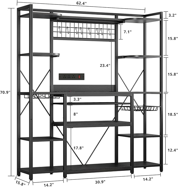 IRONCK 62.4-Inch Bakers Rack with Power Outlets and Wine Storage | 62.4-inch wide bakers rack combines 5 shelves, 3 AC outlets, a wine rack, basket, and S-hooks.