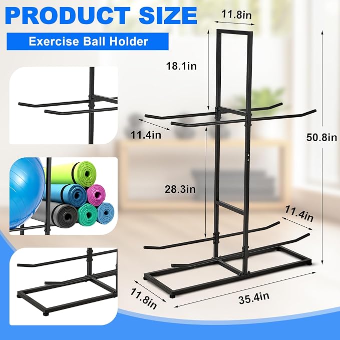 Blulu Exercise Ball Holder, Stability Ball Rack, Exercise Ball Storage Racks Suitable for Yoga Ball Stability Ball Yoga Mats Home and Commercial Gym