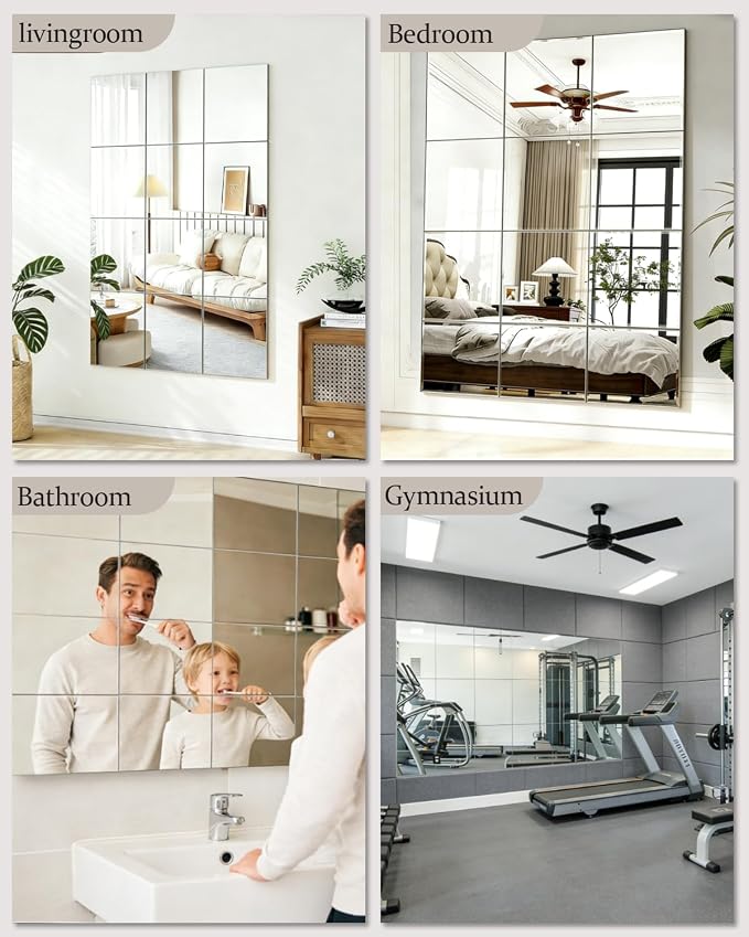 12Pack Acrylic Flexible Mirror Sheets, 12x16 Inch Shatterproof Flexible Stick on Mirrors for Wall Self-Adhesive Sticker for Bedroom, Door, Bathroom, and Dance Studio Installation