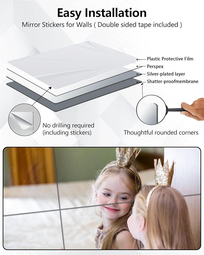 Unbreakable Mirror Tiles, 8PCS 14.02”x12.02” Peel And Stick on Mirror for Wall Mirrors Decorative, Toddlers for Kids Bedroom, Plastic Gym Door Small Adhesive Mirrors for Classroom Decor Stickers