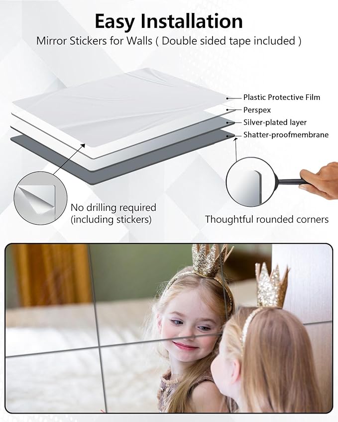 Unbreakable Mirror Tiles, 1PCS 8”x8” Peel And Stick on Mirror for Wall Mirrors Decorative, Toddlers for Kids Bedroom, Plastic Gym Frameless Door Small Adhesive Mirrors for Classroom Decor Stickers