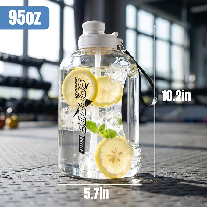Doseno Gallon Water Bottle, 95 oz Sports Water Jug With Straw and Strap | White 2.8 L large water bottle has a measuring scale and portable handle for daily drinking, gym sessions and outdoor use.