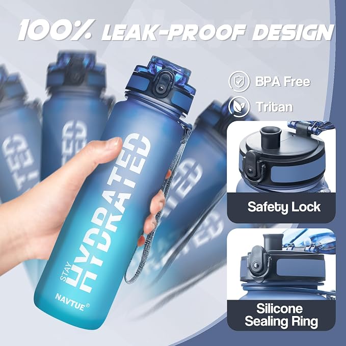 Water Bottle 32 oz Motivational Time Marker Tritan Bottle | BPA-free Tritan water bottle with time marker leakproof Lightweight portable Easy Clean Brush for Gym, Travel, School, Office