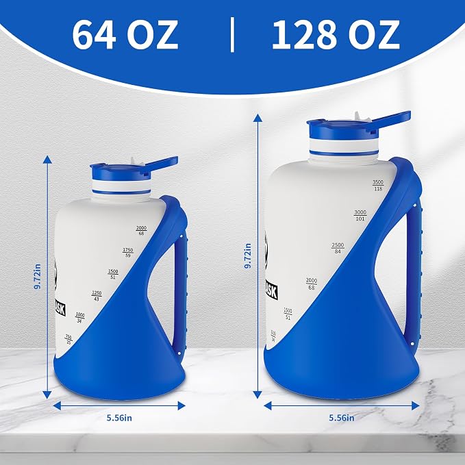 1 Gallon Water bottle, 128 oz Shatterproof Reusable Worksite Camp Flask with Straw and Flip Top Lid, Large Sports Bottle with OZ & ML Measurement Marks