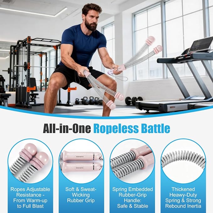Weighted Ropeless Battle Ropes Adjustable Weight - Portable Cordless Battle Ropes for Home Gym with Poster - Strength Building, HIIT and Low-Impact Aerobic Training for Men & Women (Pink)