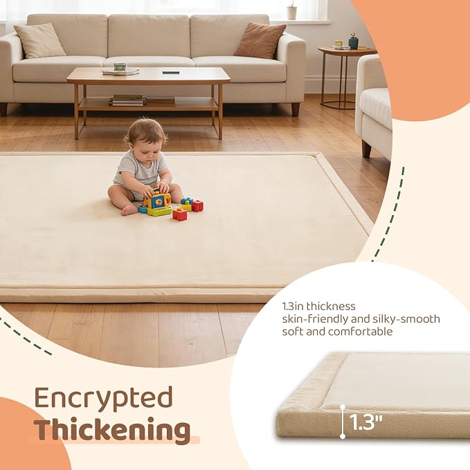 Baby Play Mat for Floor, 79'' x 79'' Thicken Foam Soft Padded Playmat for Tummy Time, Playpen Mat for Toddlers Infant Kids, Water-Repellent Coral Velvet, Non-Slip Bottom Safe for Crawling (Brown)