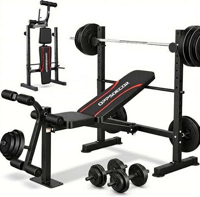 OPPSDECOR Weight Bench Set with Squat Rack, 900LBS Adjustable for Home Gym | Leg Extension & Curl, Preacher Curl Pad, ASTM-Certified 900LBS, Bench Press Rack, Full Body Workout, 2-Second Fold, US Stock