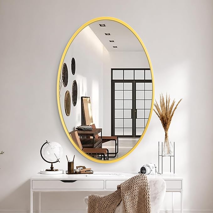 Oval Bathroom Vanity Mirror for Wall, 38''x26'' Gold Oval Bathroom Mirror for Over Sink, Bedroom, Living Room, Entryway, HD Tempered Glass, Wall Mounted Horizontally or Vertically