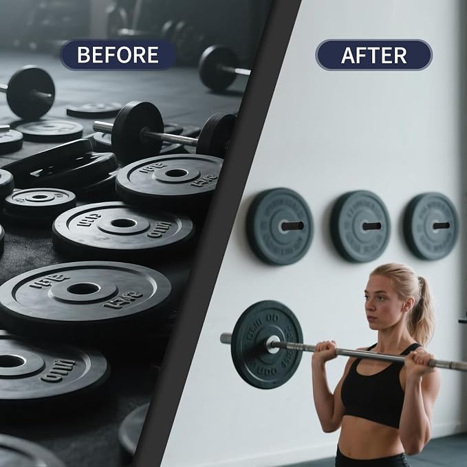 Wall Mounted Weight Plate Rack, Olympic Weight Plate Holder, 2-Inch | Heavy-duty steel organizer for home gym and garage gym use supports 275 lb with hardware for wood studs or concrete.