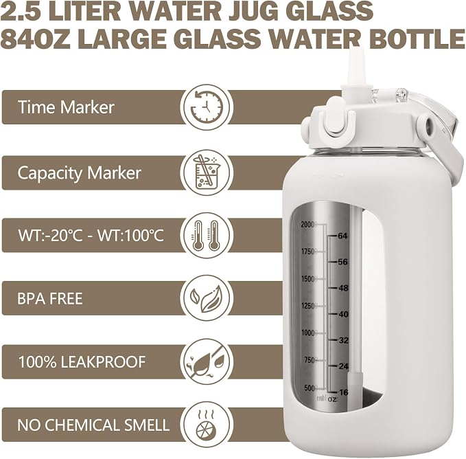 84oz Glass Water Bottle with Straw, 2.5 Liter Large Water Bottle with Silicone Sleeve and OZ Marker, Wide Mouth Gallon Glass Bottle with 2-in-1 Lid, Leakproof Water Jug for Gym Home, White