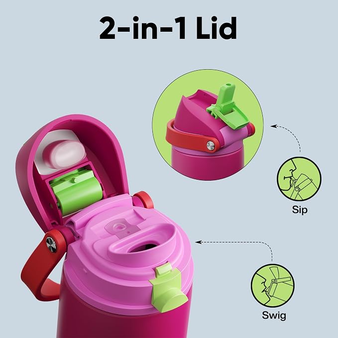 Insulated Water Bottle with Straw - Encool Stainless Steel Water Bottle with Push Button Lid, Leak-Proof & BPA-Free, Keeps Cold for 24 Hours for Sports, Travel, Gym (24 oz, Cerise Pink)