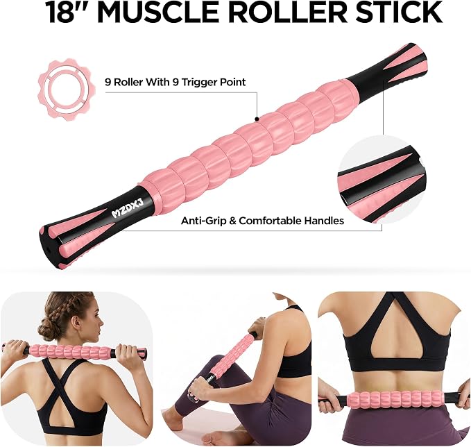Muscle Roller & Massage Roller Stick for Athletes - Lymphatic Drainage Support, Relieves Muscle Soreness, Cramping & Tightness - Targets Legs, Arms, Back & Calves （Pink ）