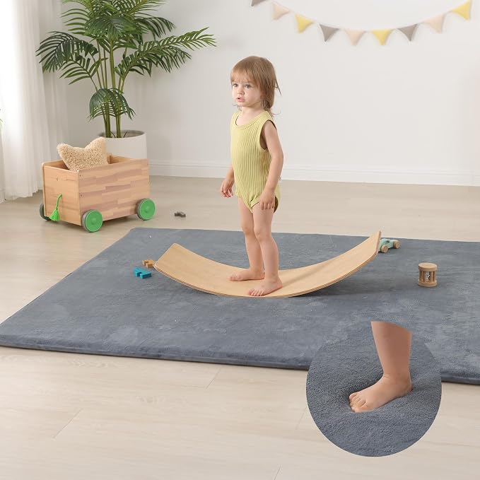 Huloo Sleep Baby Play Mat for Floor,1.3" Thick Elasti-Foam 74"×50" Playpen Mat, Non-Toxic Certified Water-Repellent Coral Velvet, Non-Slip Safe Crawling Mat for Tummy Time, Toddler & Infant (Dark Grey)