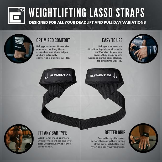 Element 26 Weight Lifting Straps (Pair) with Guide | 100% Cotton Wrist Straps for Men and Women, Weightlifting, Bodybuilding & Powerlifting, Strength Training & Deadlift Support