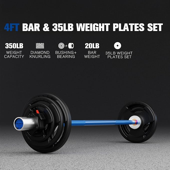 RitFit Barbell Weight Set - 4/6FT Olympic Barbell with Weight Plates (55-115LB Total) - Weightlifting Equipment for Squats, Curls, Deadlifts, Presses, Hip Thrusts