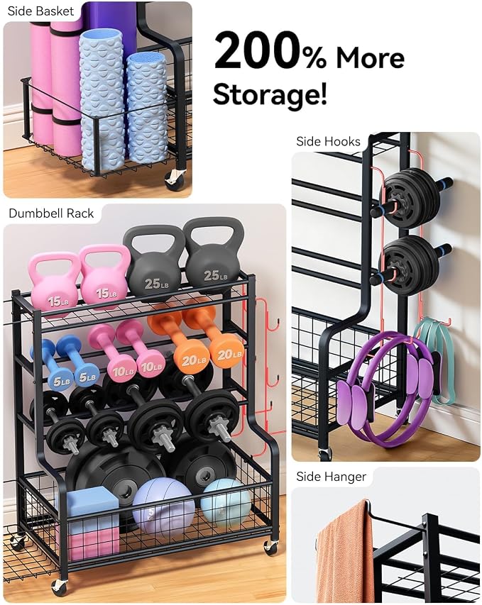 4 Tiers Large Capacity Dumbbell Rack [Thickened High-Strength Steel] Home Gym Storage for Dumbbells Kettlebells Yoga Mat and Balls, All in One Workout Storage Rack with Wheels and Hooks