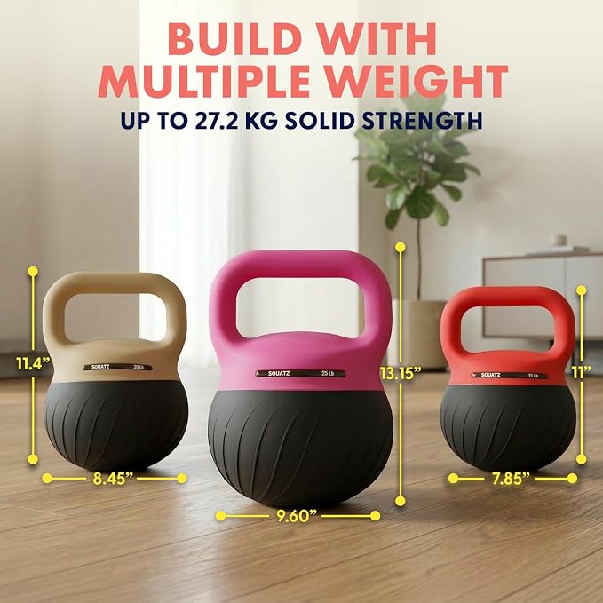 Squatz Soft Drop Kettlebell Set for Home Gym Strength Training - Cushioned Base Kettlebell Set with Wide Grip Handle, Floor-Safe Design, 15 lb, 20 lb, and 25 lb Weights for Full Body Workouts