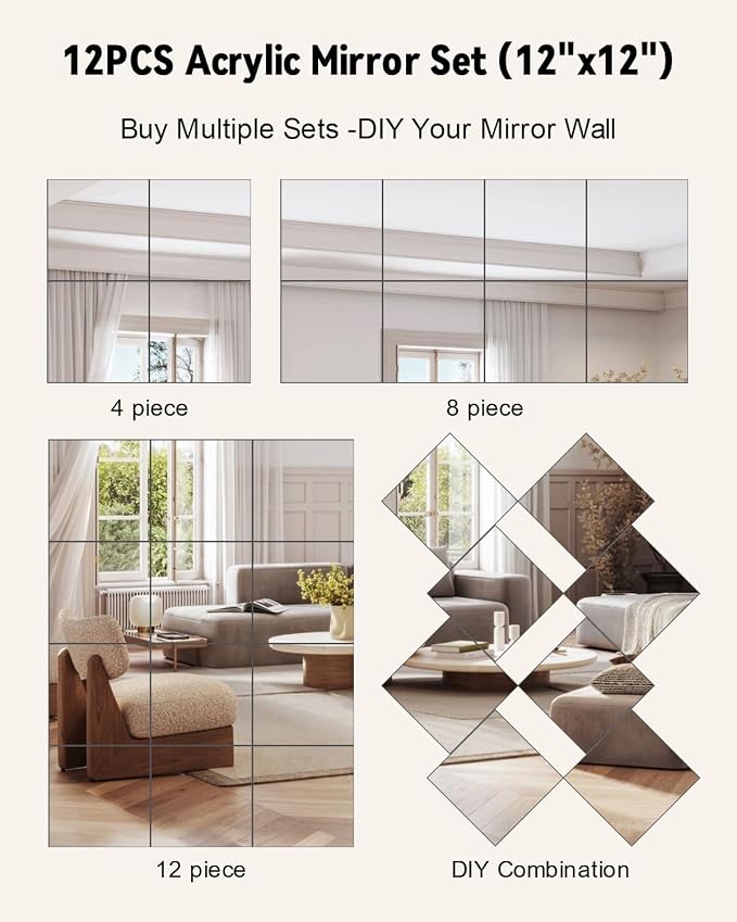 Home Gym Mirrors 12 Inch x 12Pcs Full Length Mirror Tiles Acrylic Unbreakable Wall Mounted Mirror Frameless Full Length for Home Gym, Bedroom, Door