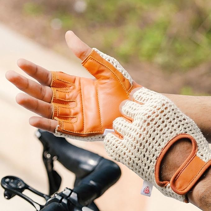 Retro Leather Crochet Cycling Gloves - Classic Tan