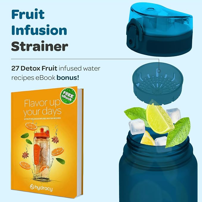 Hydracy Motivational Water Bottle with Time Marker & Fruit Infuser 32 oz | BPA-Free Tritan, Leakproof Flip-Top Lid,No-Sweat Sleeve,Carry Strap,Daily Intake Tracking for Gym,Sports,Outdoors