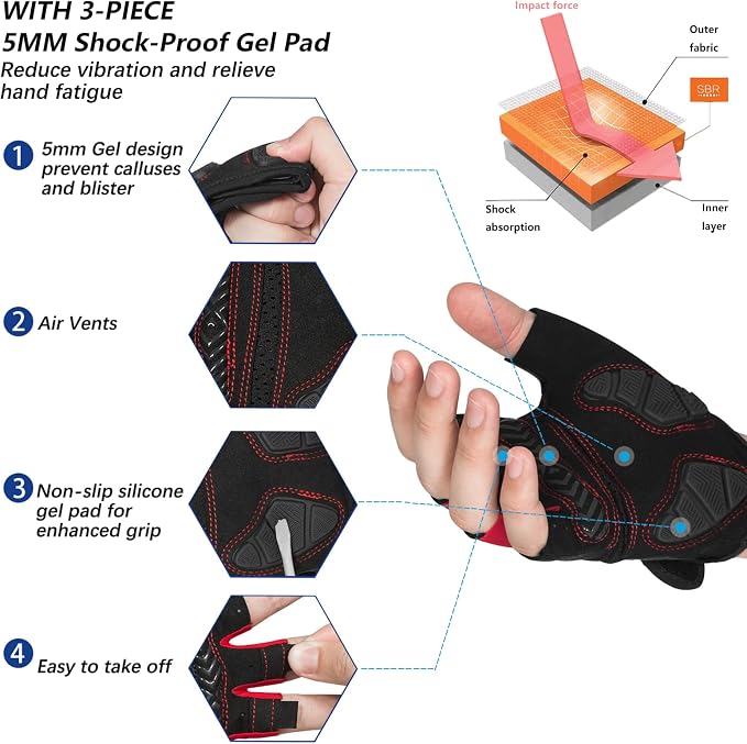 Cycling Gloves Bicycle Road Bike Gloves, Half Finger 5MM Gel | Biking Gloves for Men Women Gym workout exercise Motorcycle Hiking Rowing Outdoor Sports