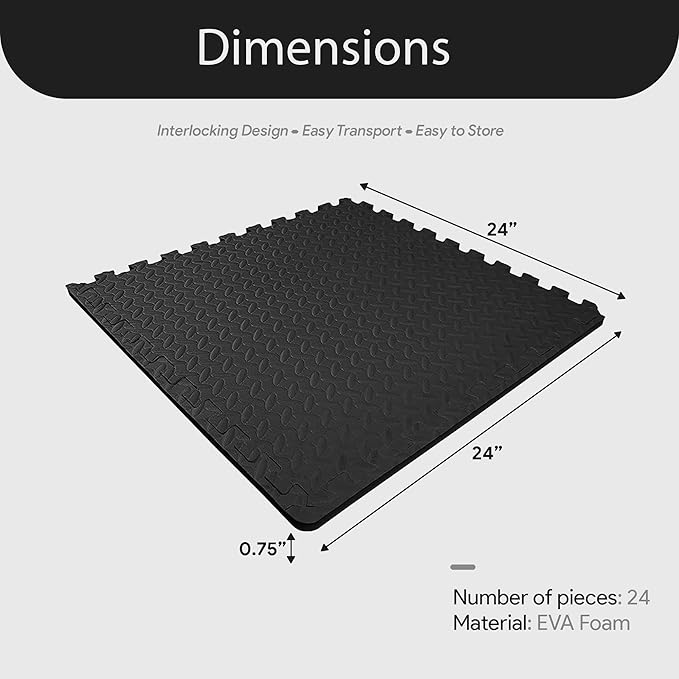 BalanceFrom Puzzle Exercise Mat 3/4" Thick, EVA Interlocking Foam Floor Tiles for Home Gym, Mat for Home Workout Equipment, Floor Padding for Kids, Black, 24 in x 24 in x 3/4 in, 96 Sq Ft - 24 Tiles | Tiles for Home Gym, Studio, or Playroom Flooring, B...