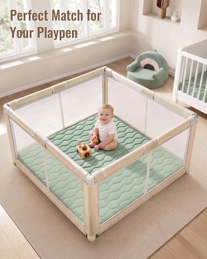 Blissful Diary Baby Play Mats for Floor, 59x59 Inch Thicker and Larger Soft Cushioning Foam Playmats for Babies and Toddlers, Foldable Washable Baby Playpen Mat, Sage Green