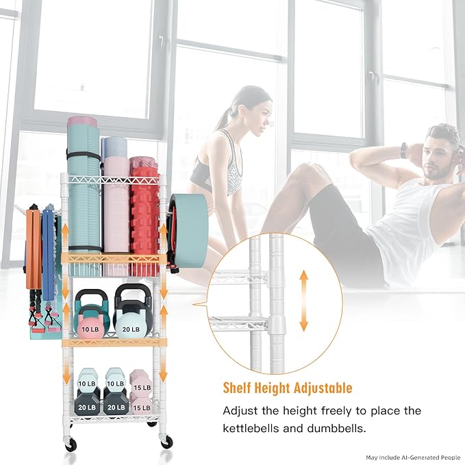 FUTASSI Home Gym Storage, 3 Tiers Workout Equipment Organizer with Wheels for Yoga Mats, Foam Roller, Dumbbells, Kettlebells, and Resistance Bands