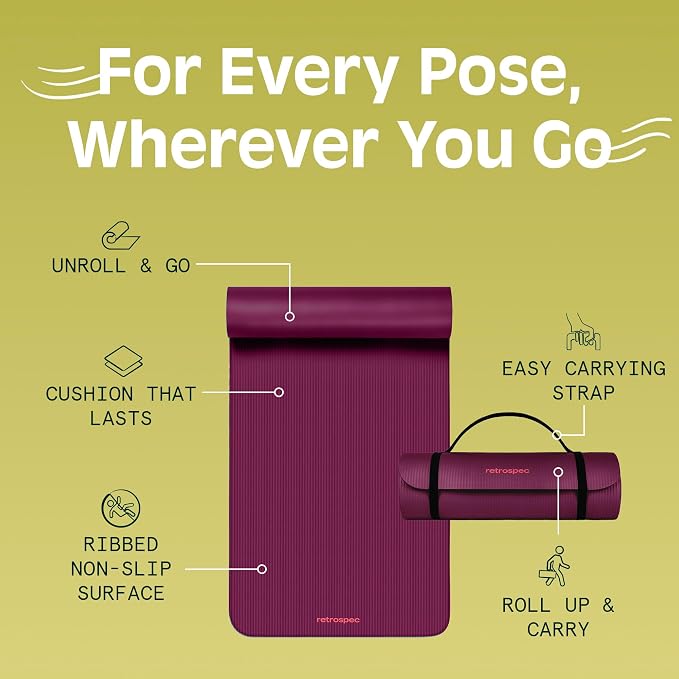 Retrospec Solana Yoga Mat 1" Thick w/Nylon Strap for Men & Women - Non Slip Exercise Mat for Home Yoga, Pilates, Stretching, Floor & Fitness Workouts