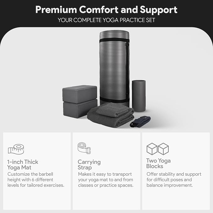 BalanceFrom 7-Piece Yoga Set with 71x24x1 Inches Extra Thick Mat and Carrying Sling – Includes 2 Blocks, Stretch Strap, 2 Towels, and Knee Pad for Home, Studio, and Gym Workouts