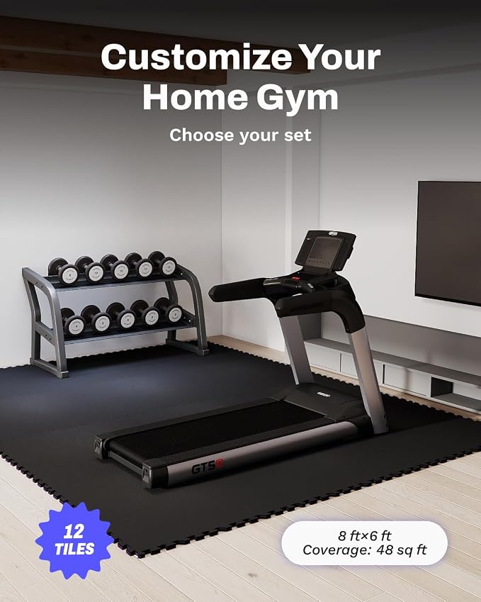 AIRHOP 0.79'' Extra-Thick 48 Sq Ft Rubber Top Gym Flooring for Home Gym | 12 Tiles, High Density EVA Foam, Waterproof & Non-Slip Rubber, Interlocking Puzzle Mats, Heavy Duty Floor Protection, 24"x24"