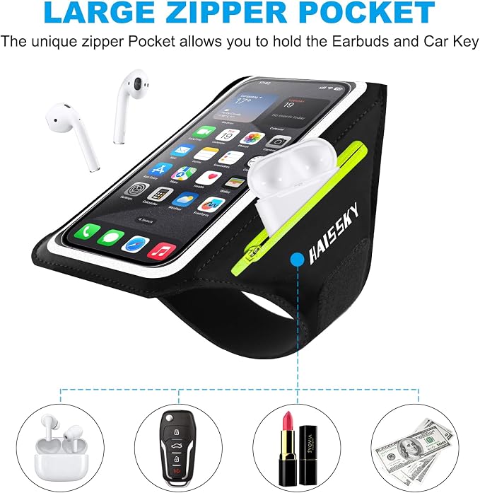 Cell Phone Running Armband with Zipper Pocket Armband Case Running Holder for iPhone 16 Pro Max/15/14 Pro Max/13/12 /11 Pro Max/XS/XR,Galaxy S20 S10,Sweatproof Arm Band with Card/Key Bag