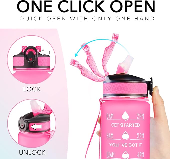 Hyeta Water Bottle with Straw & Time Marker, Plastic 32oz Leakproof | Motivational Tritan BPA Free Gym Office Outdoor Intake Tracker Hourly Reminder Straw Lid Carry Strap