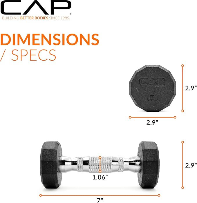 CAP Rubber Coated Dumbbell Weights, Free Weights for Home Gym Strength Training, Anti-Roll Hex Dumbbells with Black, Chrome & Comfort Grip Handles, Singles