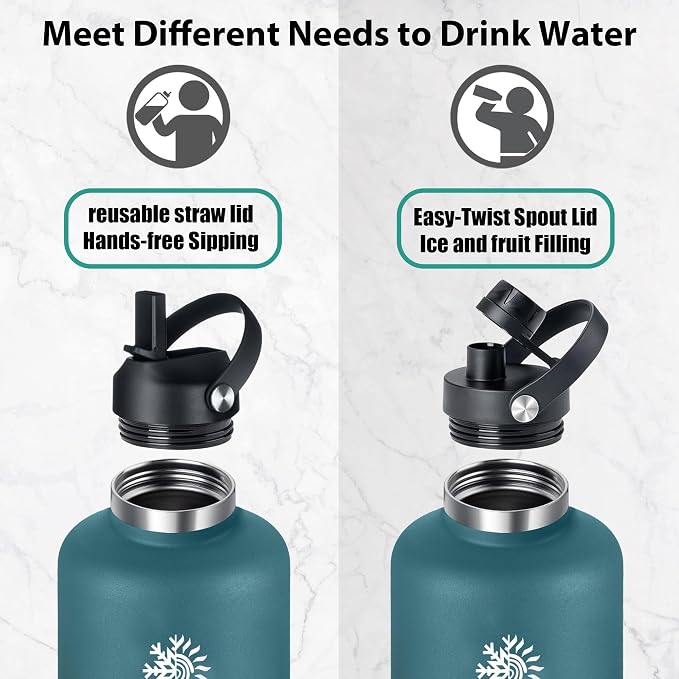64oz Insulated Water Bottle, Triple Wall Vacuum Stainless Steel Bottle, 48H Cold & 24H Hot, Leak-Proof BPA-F Jug with Straw & Spout Lids for Sports & Outdoor