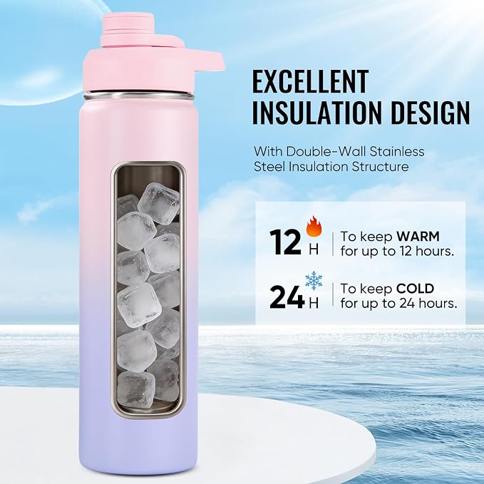 Fijinhom Insulated Water Bottle with Handle, 304 Stainless Steel Water Bottles with Wide Mouth, Double Wall Vacuum Sports Water Bottle, BPA Free, Keep Cold and Hot, 24 Ounces, Pink/Purple