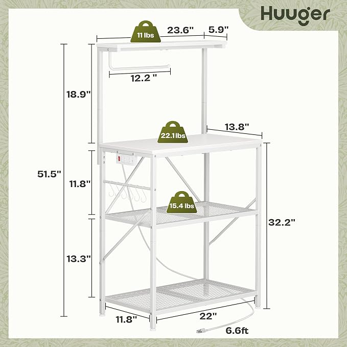 Huuger 4-Tier Bakers Rack with Reversible Power Outlet, 23.6 Inch Microwave Stand, Kitchen Coffee Bar, with Top Shelf, 6 S Hooks, White