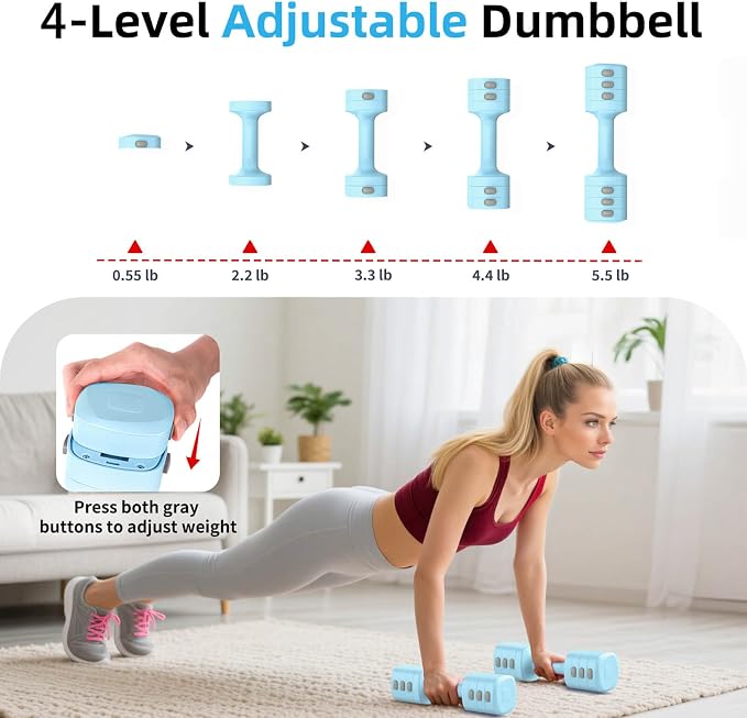 2-in-1 Adjustable Dumbbell Set, 4-Level Weights for Women | Convertible Dumbbell & Kettlebell, Adjustable 2.2-5.5lb Each, Quick-Change Button, Compact for Home Gym, Office & Outdoor
