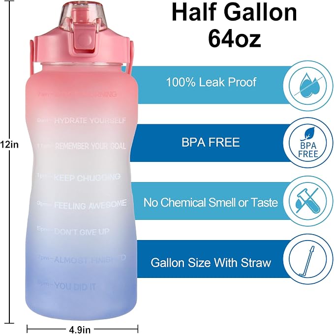 EYQ 64oz/128oz Leakproof Free Drinking Water Bottle with Motivational Time Marker BPA Free for Fitness, Gym and Outdoor Sports