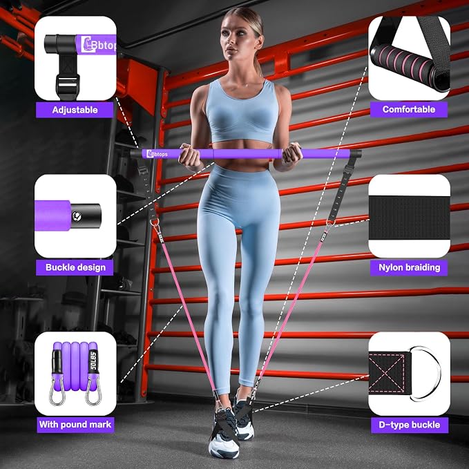 Bbtops Pilates Bar Kit with Resistance Bands,Pilates Bar with Stackable Bands Workout Equipment for Legs,Hip,Waist and Arm,Exercise Fitness Equipment for Women & Men Home Gym Yoga Pilates
